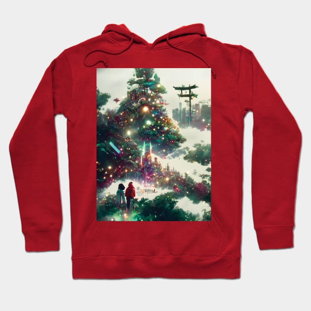 Magical Green Christmas Trees in the Woods Japanese Christmas Season Warm Wishes Hoodie by DaysuCollege